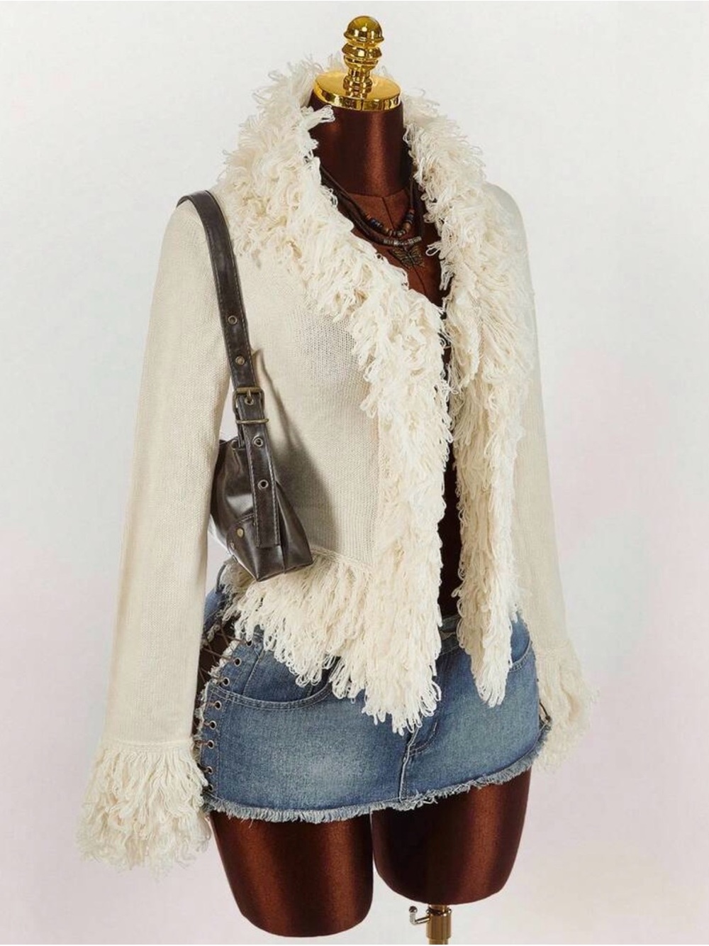 SHEIN Cream Fringe Trim Knit Cardigan